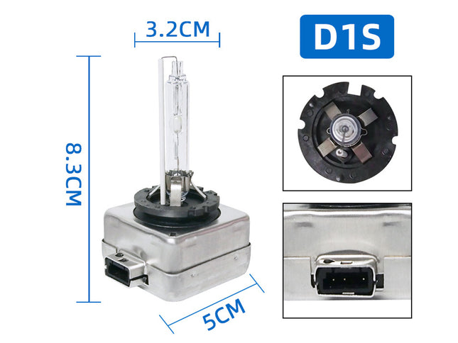 Car headlight bulb with dimensions and close-up details on a white background