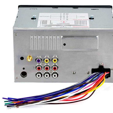 Car audio component with multiple wiring connections on a white background