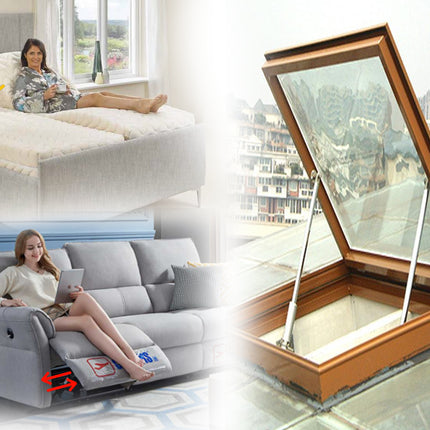 A composite promotional image showing a gray upholstered bed with a woman reclining on it, a gray sofa with a woman sitting in it, and a wooden-framed skylight window opening on a glass rooftop. The image appears to advertise a home furniture/window product set or home service.