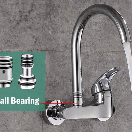 Chrome kitchen faucet with ball bearing illustration on a gray tiled wall background