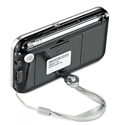 Black portable speaker with a lanyard on a white background