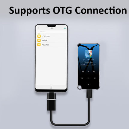 Two smartphones connected by a black OTG cable on a light gray background, with the text 'Supports OTG Connection' at the top. One phone shows a white interface and the other shows a music player screen.