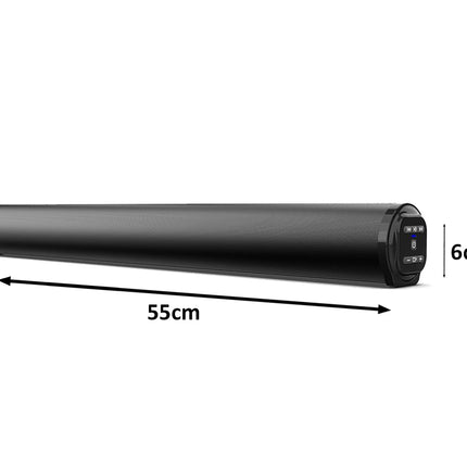 A black cylindrical soundbar or speaker shown on a white background with dimension arrows indicating 55 cm length and 6 cm height.
