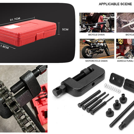 Chain tool set with red storage case and various chain repair tools on a black background.