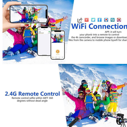 Promotional graphic for a camera with smartphone app and remote control features, set against a snowy mountain background.