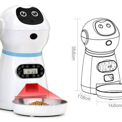 White pet feeder with black accents and a bowl of food, next to its dimensions on a white background.