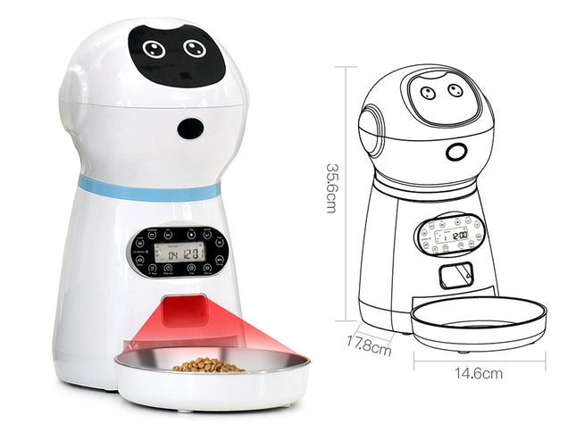 White pet feeder with black accents and a bowl of food, next to its dimensions on a white background.