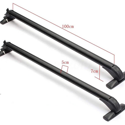 Black roof rack crossbars shown on a white background with red dimension lines indicating 100 cm length, 5 cm width, and 7 cm height.