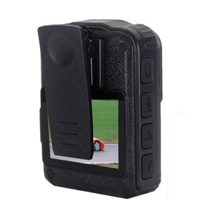 Black body camera with a small screen displaying a video feed on a white background