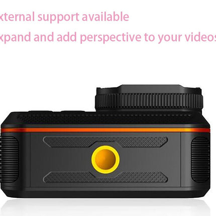Black camera lens with yellow center on a white background