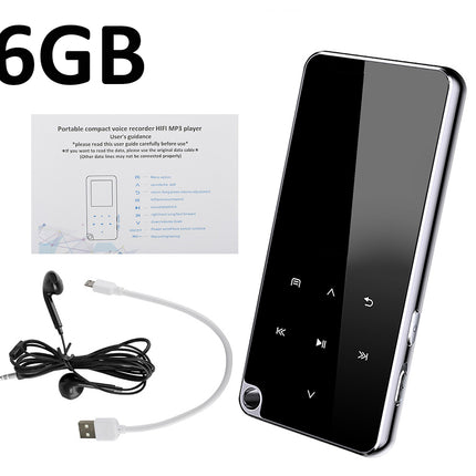 A black portable Wi-Fi MP3 player with a glossy screen, shown alongside its black wired earbuds, a small product manual, and a large '16GB' text overlay on a white background.
