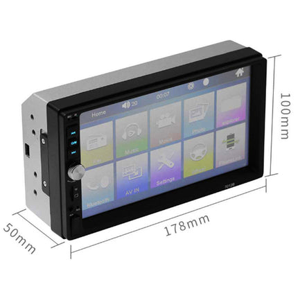 Car multimedia player with touchscreen display and dimensions labeled on a white background