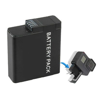 Black battery pack with 'BATTERY PACK' text and a GoPro camera attached on a white background