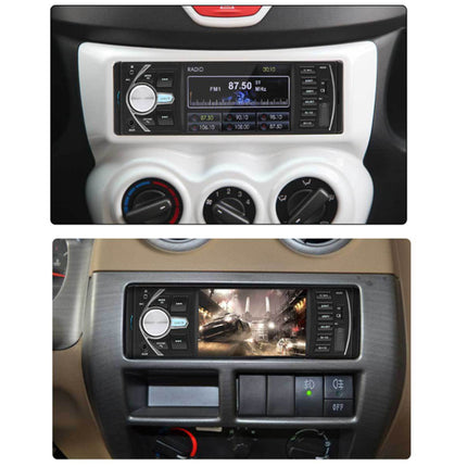 A two-panel image showing a car dashboard console upgrade. The top panel shows the original factory radio and climate controls.