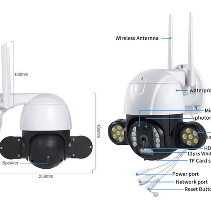 Diagram of an outdoor security camera with labeled parts and dimensions on a white background.