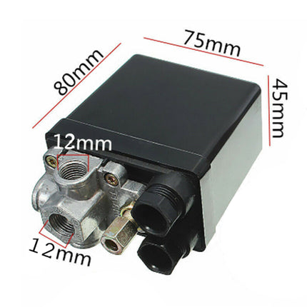 Black and silver valve with dimensions labeled on a white background