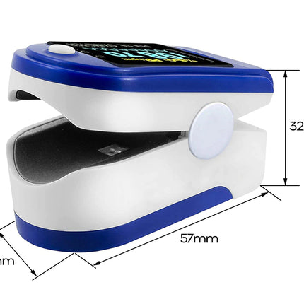 Finger pulse oximeter with dimensions labeled on a white background