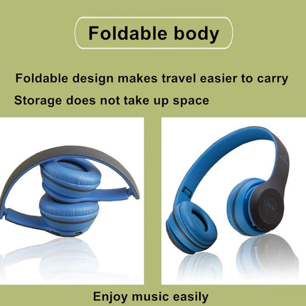 Foldable blue headphones with text highlighting their foldable design and ease of use.