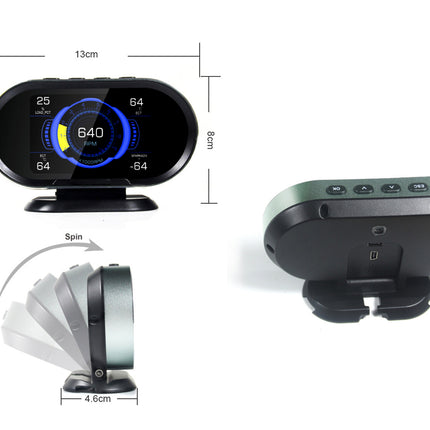 Car dashboard device with measurements and features on a white background