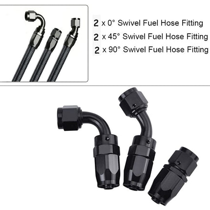 Set of black swivel fuel hose fittings with angles labeled on a white background.