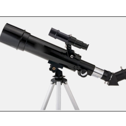 Black telescope with tripod on a white background