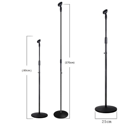 Black adjustable microphone stand with measurements on a white background