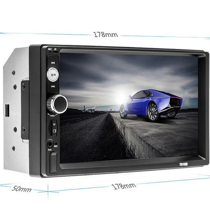 Car stereo screen with dimensions and a blue car on the screen