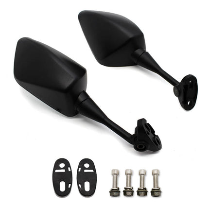 Pair of black motorcycle mirrors with mounting hardware on a white background