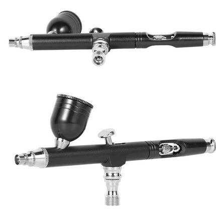 Two views of a black airbrush pen with silver metal accents and a black paint cup, shown on a plain white background.