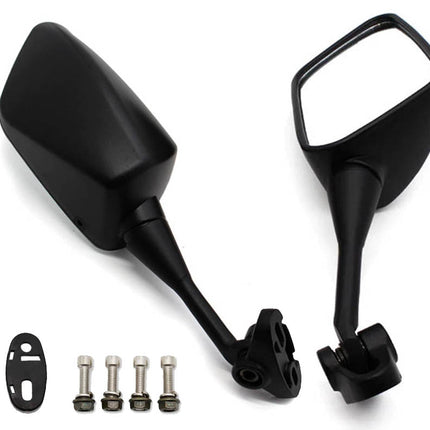 Pair of black motorcycle mirrors with mounting hardware on a white background