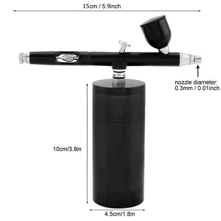 Black airbrush paint gun with dimension annotations showing 15cm total length, 10cm cylinder height, 4.5cm base diameter, and a 0.