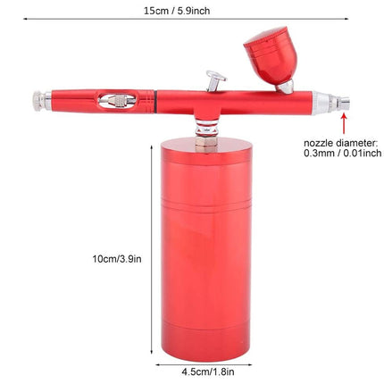 A red airbrush paint gun with a cylindrical base and a top spray cup, shown on a white background with dimension labels indicating 15cm width, 10cm height, 4.5cm base, and a 0.