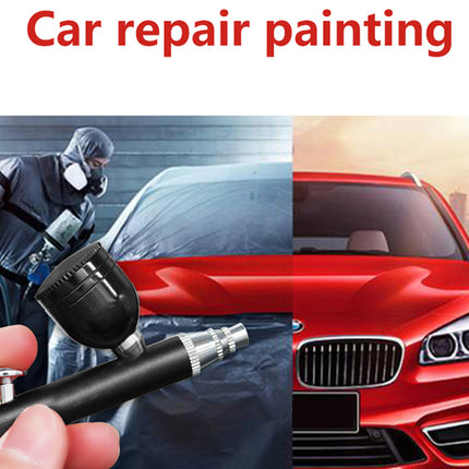 A promotional graphic for car repair painting, featuring a hand holding a black airless paint sprayer in the foreground, a person in protective gear painting a car in the left half, and a red car in the right half, with the text 'Car repair painting' at the top.