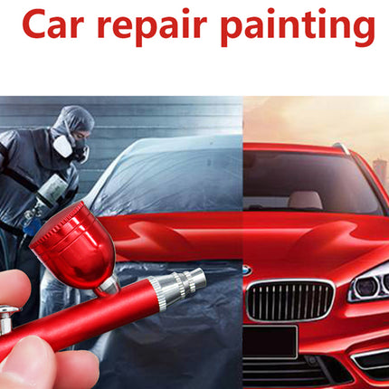 A promotional graphic for car repair painting, featuring a red airbrush pen in the foreground, a person in protective gear painting a car in the background, and a red car on the right. Large red text at the top reads 'Car repair painting'.
