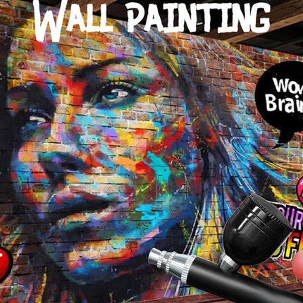 A colorful graffiti-style mural of a woman's face painted on a brick wall, with the words 'WALL PAINTING' at the top and a hand holding a spray paint pen in the lower right corner. Decorative speech bubbles and cartoon graphics appear around the scene.