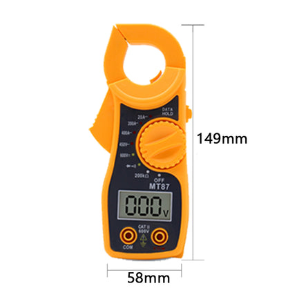 Orange digital multimeter with measurement details on a white background