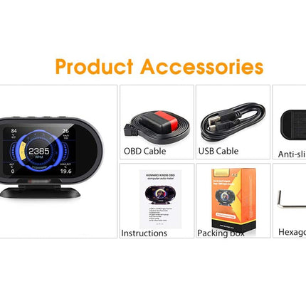 Collection of product accessories including a digital display, OBD cable, USB cable, anti-slip mat, instructions, packing box, and hexagonal tool on a white background.