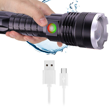 Hand holding a black flashlight with water splash graphics and USB cable on a white background