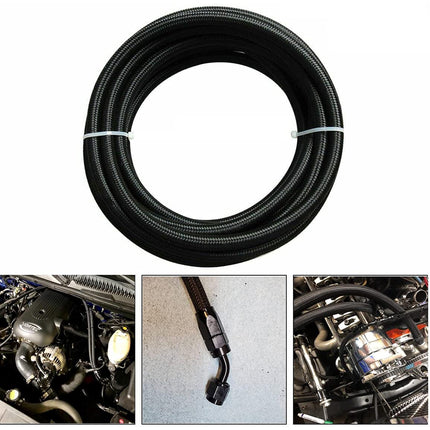 Black braided hose with applications on vehicles.
