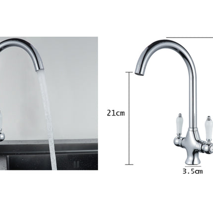 Chrome kitchen faucet with water flowing and dimensions displayed on a white background