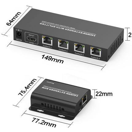 HDMI Extender device with dimensions labeled on a white background