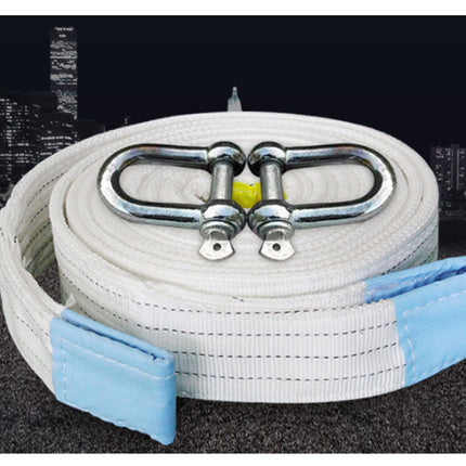 White strap with blue ends and metal D-rings against a dark cityscape background