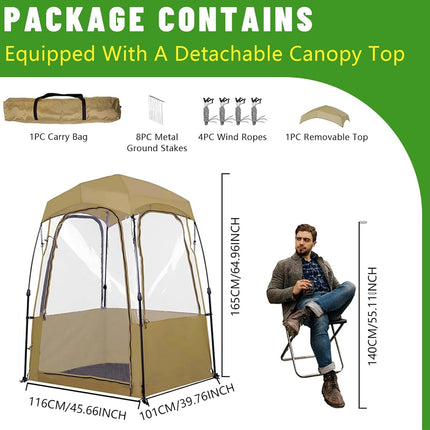 Camping shelter with detachable canopy top, carrying bag, ground stakes, wind ropes, and removable top on a green background.