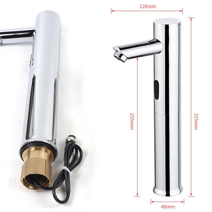 A tall cylindrical chrome faucet shown on a white background, with dimension annotations indicating 128mm top width, 315mm height, 48mm base width, and 255mm side width.