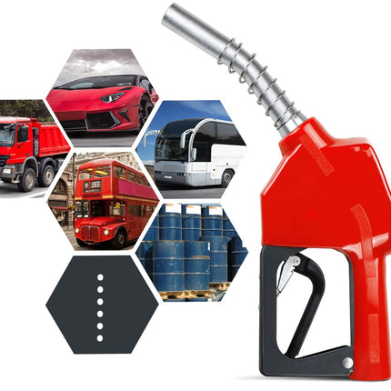 Red fuel nozzle with a collage of vehicles and barrels in the background