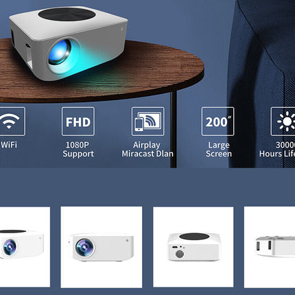 Projector on a table with feature icons and images of the projector.