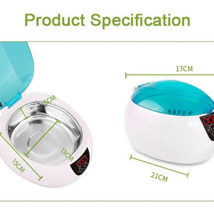 Product specification diagram showing a small white and turquoise electronic device with dimension labels for width, height, and inner diameter, on a white background with green text reading 'Product Specification'.