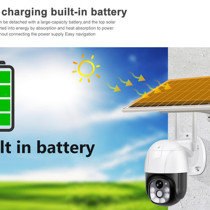 Solar charging system with camera and battery icon on a scenic background