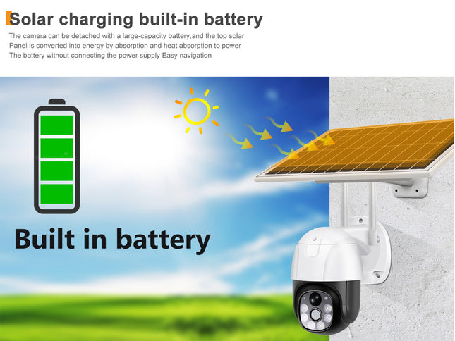 Solar charging system with camera and battery icon on a scenic background