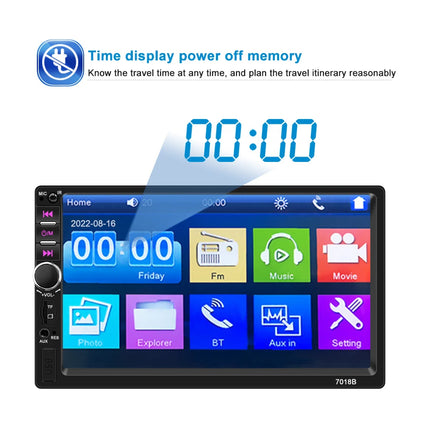 A car stereo touchscreen display with a black bezel and a colorful interface showing app icons, plus blue text and a clock graphic above illustrating time display features.